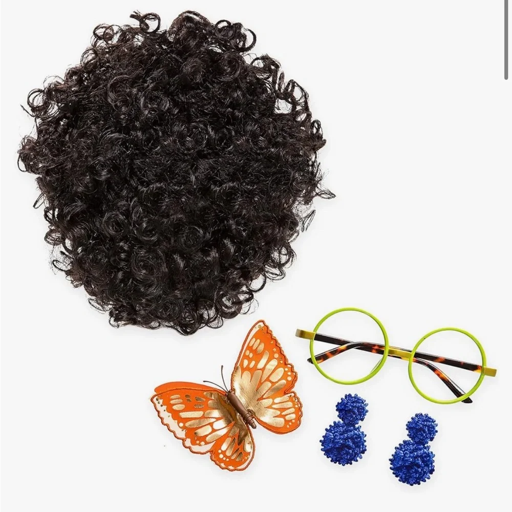 Disney Encanto Black Wig with Orange Butterfly and Green Glasses